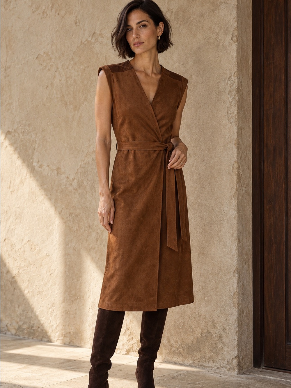 NWT Banana Republic Faux Suede Wrap Midi Dress Cognac Size 8